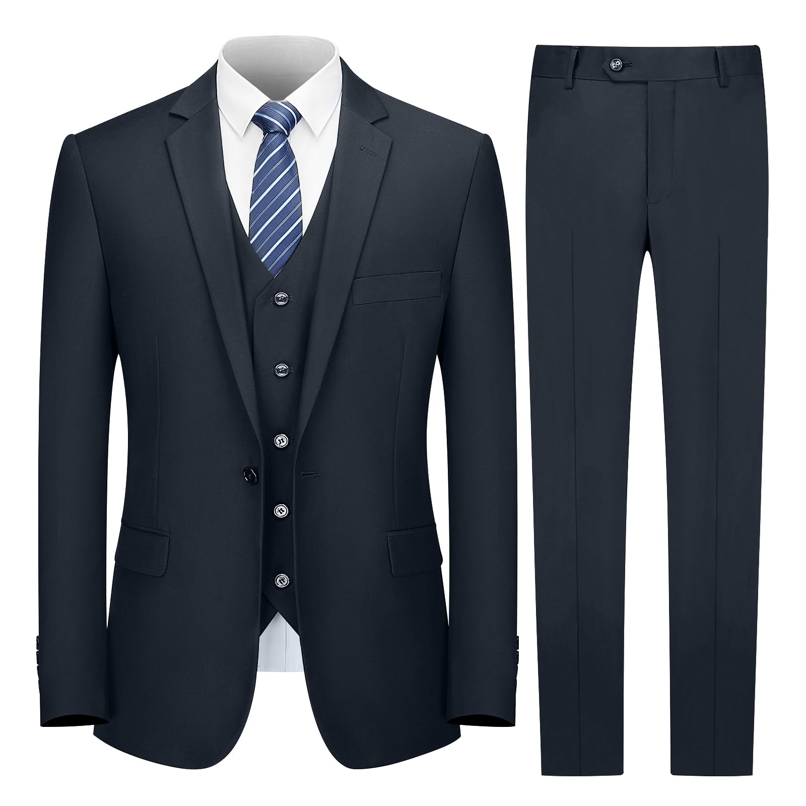 Cooper & Nelson Men's Suit Slim Fit, 3 Piece Suits for Men, One Button Solid Jacket Vest Pants with Tie, Tuxedo Set Dark Navy XS